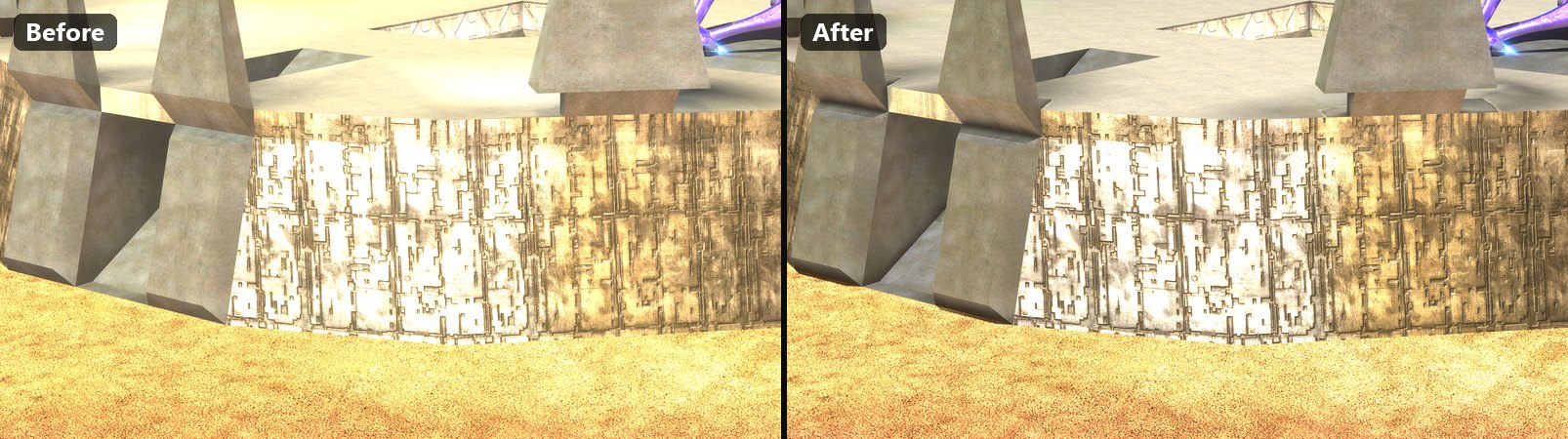 A Blood Gulch base: the wall's foot and pillars, before and after