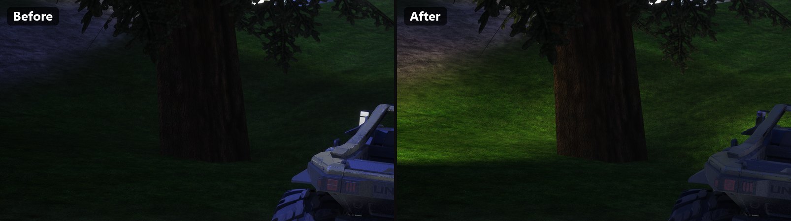 The headlight beam on the grass, closer