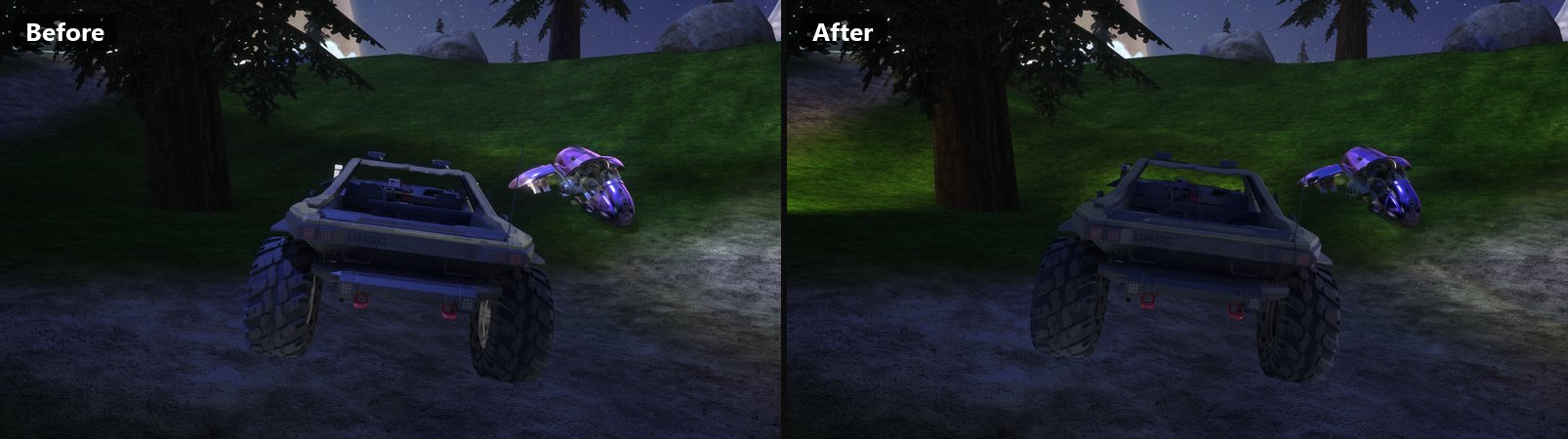 Timberland at dusk: a Warthog's headlights before and after